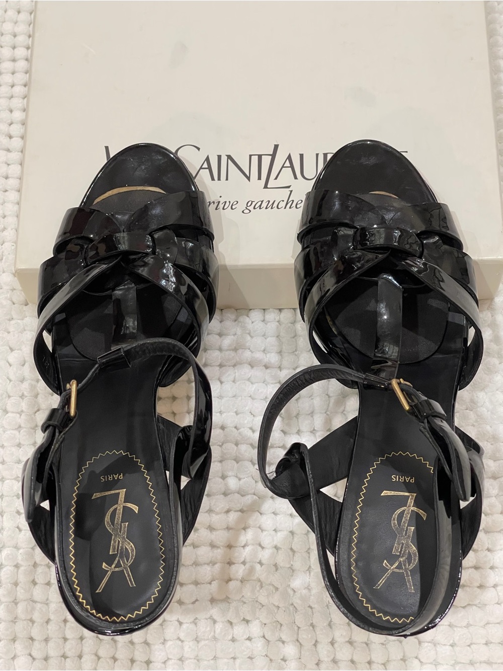 Saint Laurent Black Patent Leather T-Strap Woven Heels with Gold Accents - Picture 9 of 9